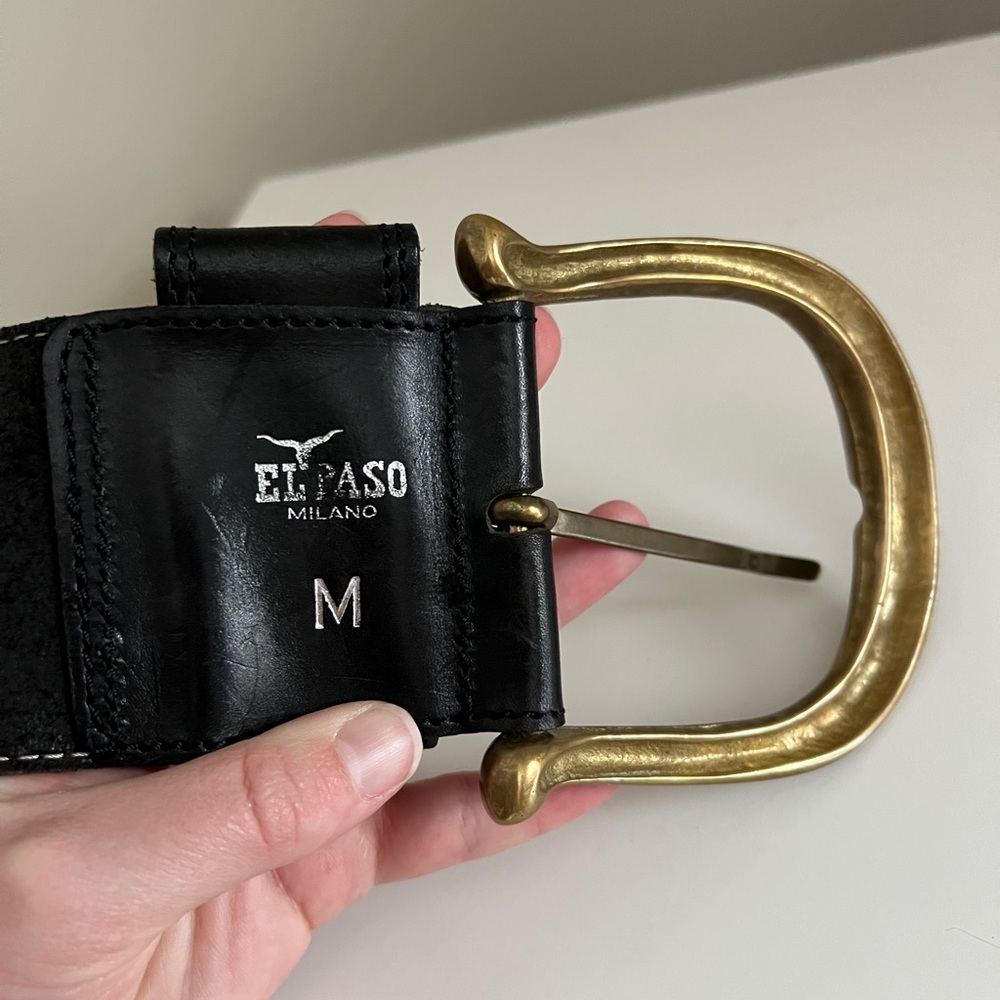 VINTAGE Western Belt / black leather / gold buckle / m